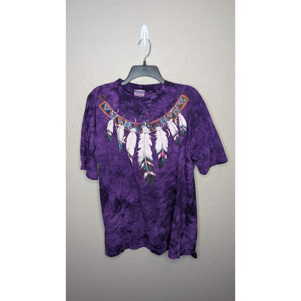Vintage 90's Adult Large Purple Native Tye Dye Tribal Feathers Necklace T Shirt